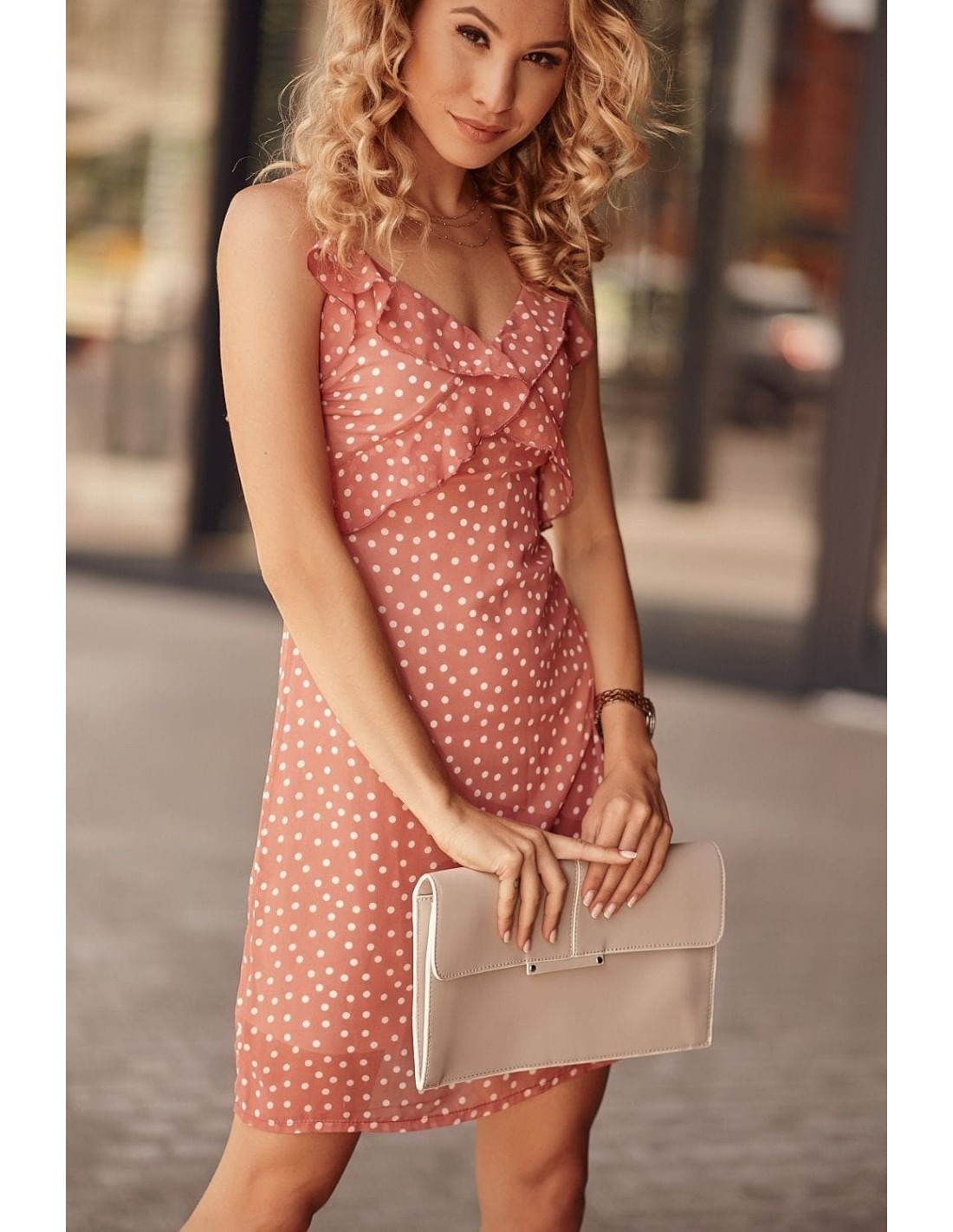 Summer dress with polka dots, dirty pink PR3212 - Online store - Boutique